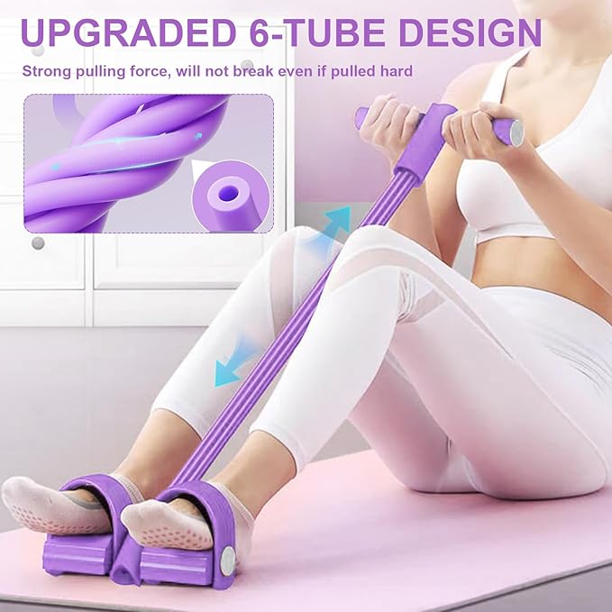 Pedal Resistance Bands with Handles, Upgrade 6-Tubes Manual Tension Training Pedal, Natural Rubber Multifunction Fitness Bands for Abdomen/Waist/Arm/Leg Stretching Slimming Training (Purple)