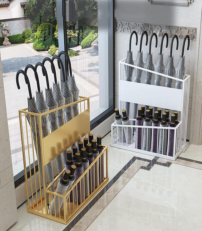2 Tier Metal Umbrella Stand Umbrella Holder, Large-Capacity Commercial Umbrella Stand Umbrella Holder for Hotel Offices, Entrance Umbrella Organizer (Color : Gold, Size : 36x25x50cm)