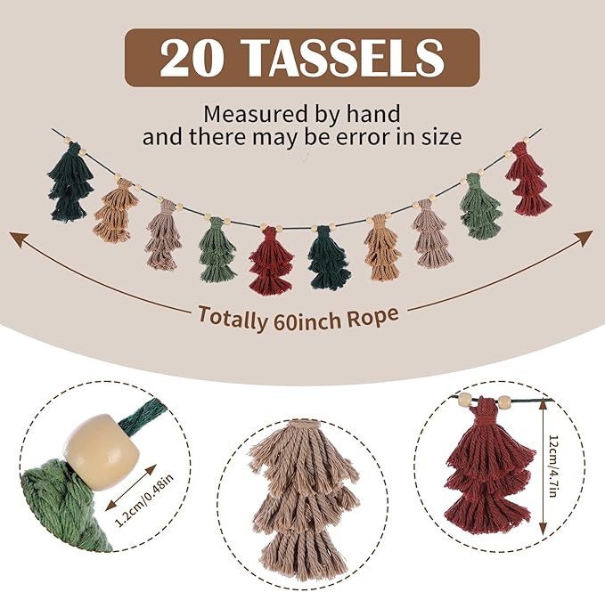 Breling 2 Pcs Christmas Boho Tassel Garland with Wood Beads 60 Inch Rustic Hanging Decor in Neutral Earth Tones Holiday Banner Woodland Office Fireplace Mantel Wall Christmas Decoration Indoor Outdoor