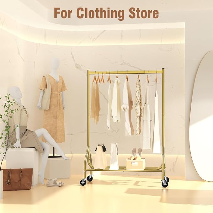 EAGMAK Heavy Duty Clothes Rack Load 420 LBS, Rolling Garment Organizer with Lockable Wheels, Standing Metal Clothing with Shelves, Portable Wardrobe Rack Sturdy Coat Rack for Hanging (Gold)