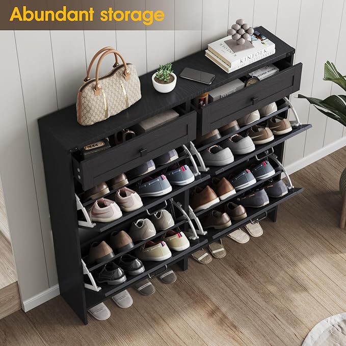Shoe Cabinet with 4 Flip Drawers & 2 Drawers,Farmhouse Shoe Storage Cabinet for Entryway,Slim Freestanding Organizer Rack for Front Door Entrance,Black