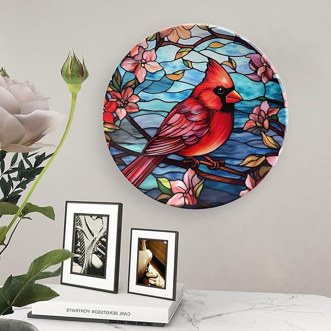Cardinal Bird Colorful Stained Glass Painting Decorative Plates Home Decor Ceramic Plates, Dinner Plates Display for Kitchen, Hallway Console Side Table, Presents for Loss of Loved, 8 Inch