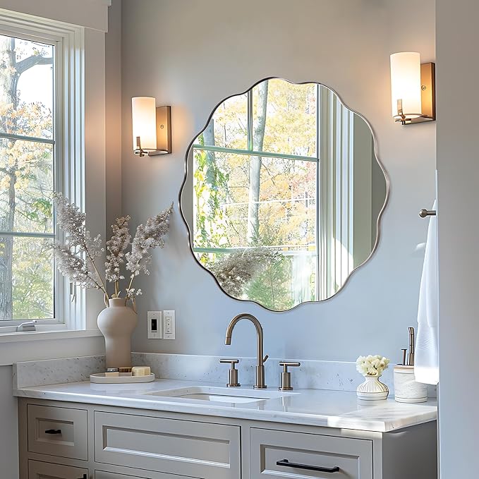 ANDY STAR Brushed Nickel Round Bathroom Mirror, 36 Inch Round Circle Mirror in Stainless Steel Metal Frame, Large Silver Vanity Frame with Unique Wavy Design