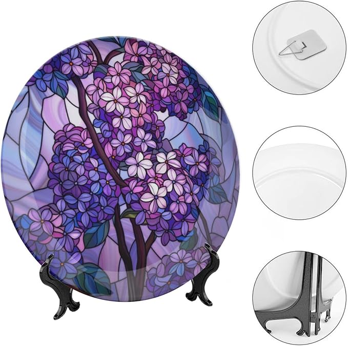 Stained Glass Theme Decorative Ceramic Plate Round Porcelain Plate,10 inch,Lilac Pattern,for Decorative Ornaments Giving Plates, 1 Plate with 1 Display Stand,Purple