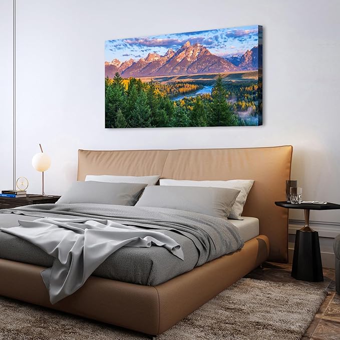 Grand Teton Mountain Wall Art Sunset Nature National Park Posters Oxbow Bend Snake River Landscape Wall Decor Wyoming Scenery Painting Artwork for Living Room Office Home Decoration 29.53x57.87"