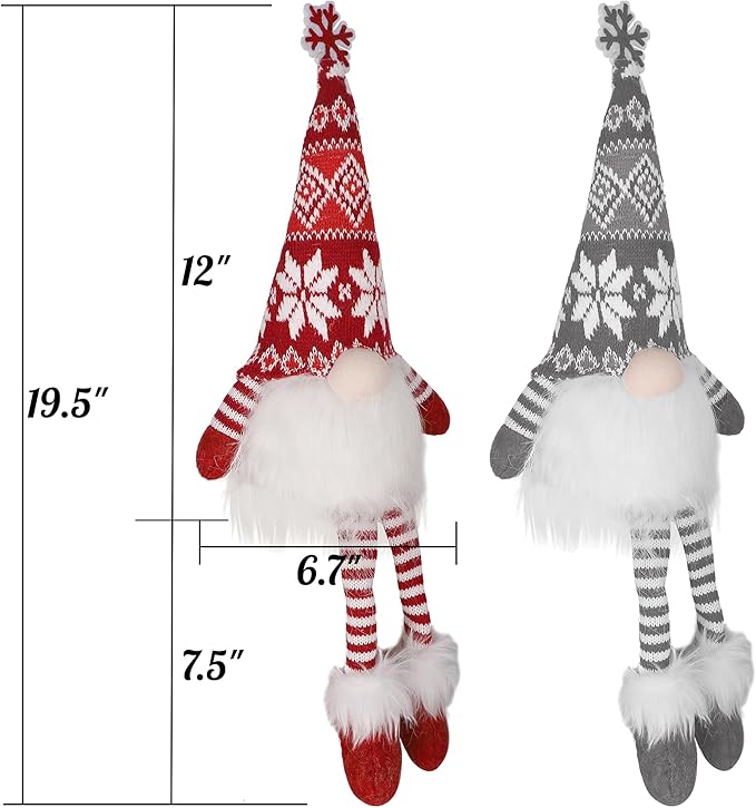 Juegoal 2 Pack Lighted Christmas Gnomes with Dangling Legs, 19.5Inch Handmade Scandinavian Swedish Tomte, Battery Operated Winter Tabletop Christmas Decorations Collectible Figurines