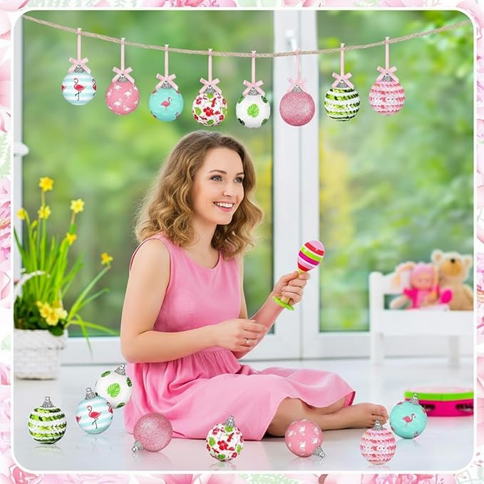 Zeyune 16 Pcs Summer Flamingos Tree Ornaments Summer Hanging Ornament Ball Tropical Palm Flamingo Hanging Home Decorations for Tree Tropical Party Holiday Decor