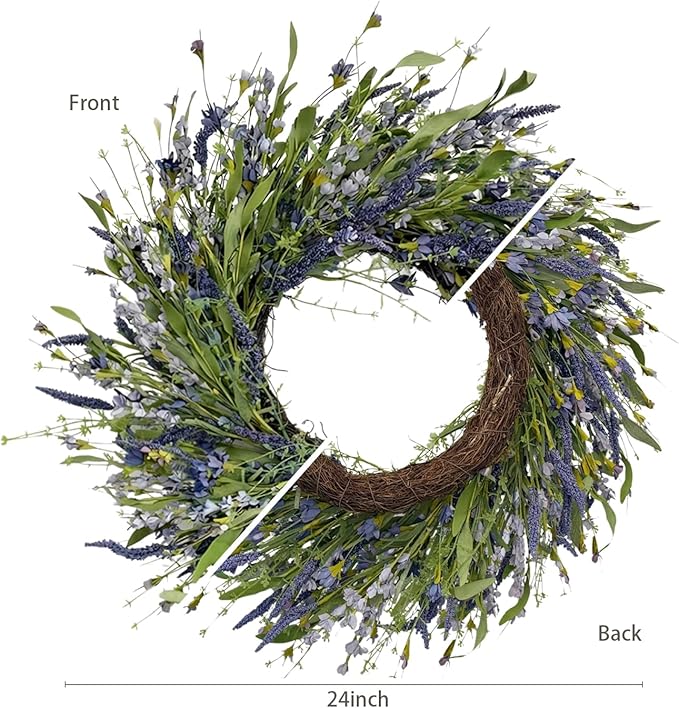 Jobflower 24 Inch Lavender Wreath for Front Door - Artificial Spring Wreath with Realistic Blue Berries - Lifelike Farmhouse Wall Decor for All Seasons