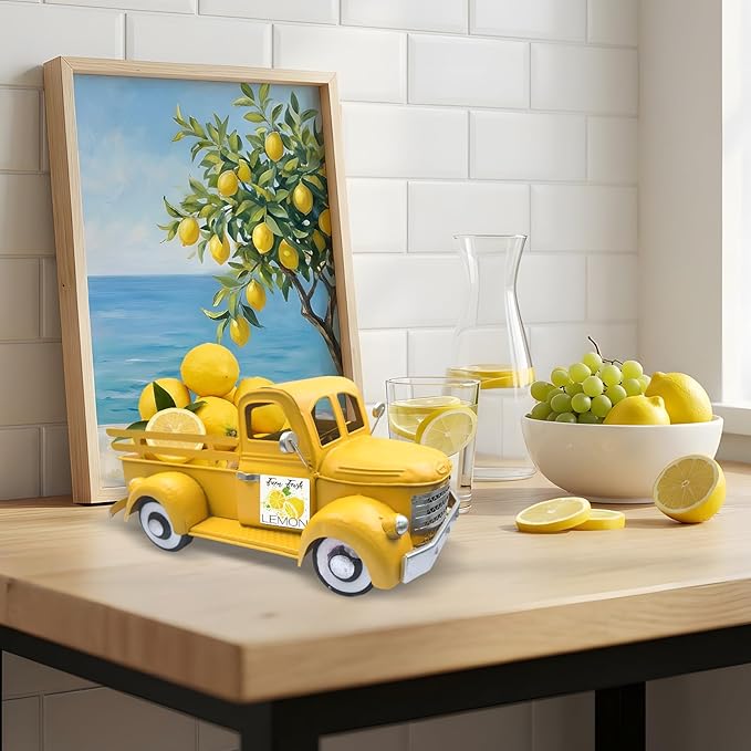 Farmhouse Lemon Decor 13.4 Inch Large Vintage Truck with 20 Magnets Interchangeable Seasonal Decor Rustic Metal Pickup Spring Summer Lemon Centerpieces for Tables Home Lemonade Party, Yellow