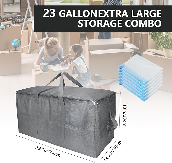 Extra Large Storage Bags Set Heavy Duty Moving Totes with Handles, Waterproof Dual-Way Carrying Design Fold Flat Storage Totes For Effortless Moving, (Gray, 12 Park-2 Moving bag & 10 Vacuum Seal Bags)