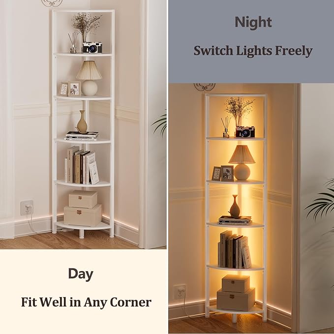 Furnulem 6 Tier Corner Shelf with LED Light, 67.5” Tall Standing Shelf Organizer, White Narrow Bookshelf with Storage Rack for Wall Corner, Living Room, Bedroom, Metal Frame, Wood Display Shelf