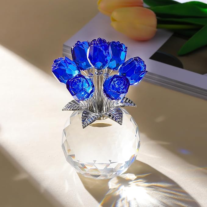 Arikyrist Crystal Blue Rose Bouquet Figurine with Round Vase, Glass Rose Flower Romantic Gifts for Women Sister on Birthday, Collectible Decoration Table Centerpiece for Home