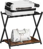 HOOBRO Folding Luggage Rack, Suitcase Stand Holder with Wooden Storage Shelf, Holds up to 110 lb, 27.2 x 15.7 x 24 Inches, for Guest Room, Bedroom, Closet, Hotel, Rustic Brown and Black BF68XL01G1