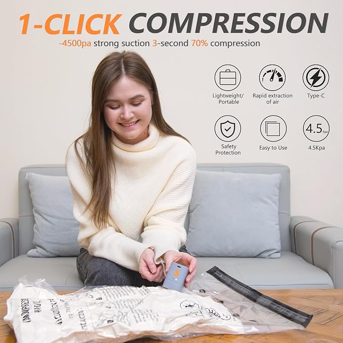 Fast-Charging Wireless Pump and 8 Pack Vacuum Compression Storage Bags,Multi-Size Combo 70% Space Saving for Clothing, Bedding & Seasonal Storage & Space Saver for Luggage