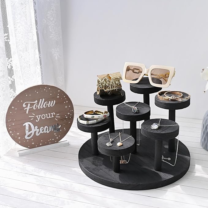 Ikee Design 7-Tier Wooden Display Riser for Jewelry, Accessories, and Collectibles items Wooden Jewelry and Figurine Display Risers, Multilevel Stand for Action Figures and Home Decor, Black Color