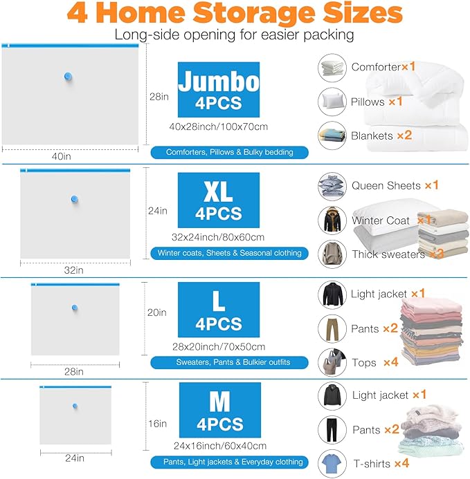 Vacuum Storage Bags with Cordless Pump, 16-Pack Space Saver Vacuum Seal Bags for Blankets, Clothes & Bedding, Reusable Compression Bags in 4 Large Sizes (M–Jumbo), Long-Side Opening