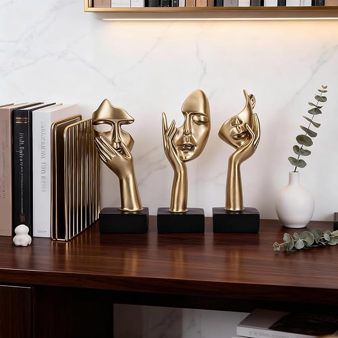 3 Pcs Thinker Large Statue Set - Black Glod Art Abstract Home Accent Figurines for Living Room, Bedroom, Shelves, Office Desktop, Coffee Table Decor, Gift for Women (3 Pcs Black Glod, 9")
