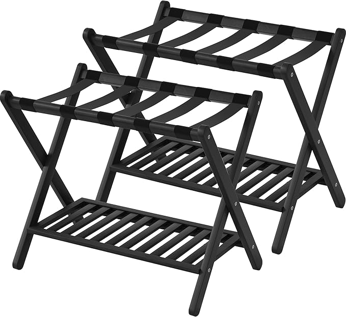 Luggage Racks Set Of 2 Suitcase Stand Foldable With Storage Shelf For Guest Room Hotel Essentials Solid Bamboo Heavy-Duty Item Holder Black