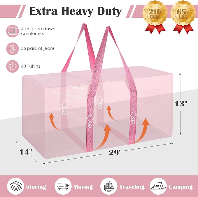 6 Pack Extra Heavy Duty Large Moving Bags with Reinforced Zipper & Wide Handles, Waterproof Storage Bins for Clothes, College Dorm, Travel, and Home Organization, Pink