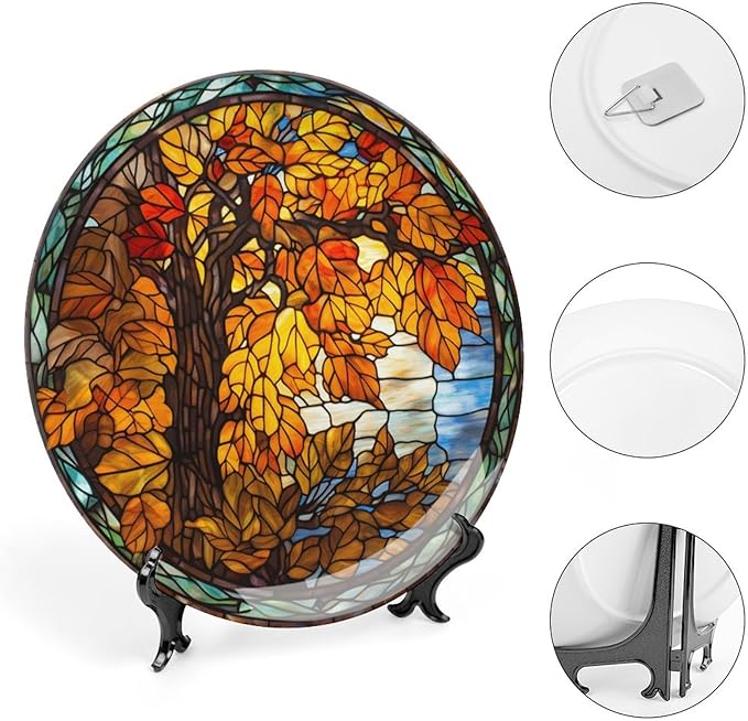 Autumn Decorative Plates, Stained Glass Design Autumn Tree Display Plate for Home Office Kitchen Table Decor Porcelain Plates 7 Inch, Thanksgiving Gifts