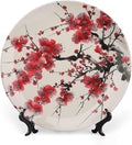 Japanese Spring Theme Decorative Ceramic Plate Round Porcelain Plate,Plum Tree Blossoms Pattern,for Decorative Ornaments Giving Plates, 1 Plate with 1 Display Stand,Red Beige,8 inch