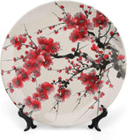 Japanese Spring Theme Decorative Ceramic Plate Round Porcelain Plate,Plum Tree Blossoms Pattern,for Decorative Ornaments Giving Plates, 1 Plate with 1 Display Stand,Red Beige,8 inch