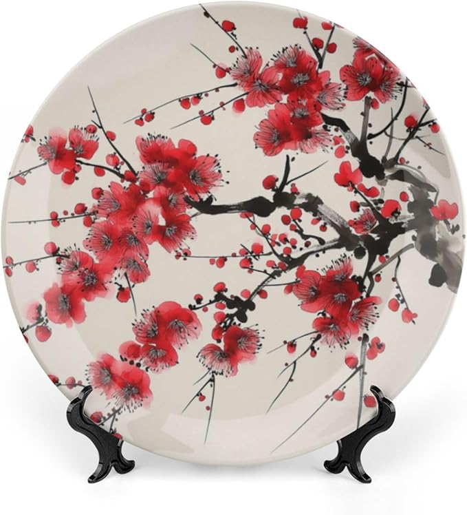 Japanese Spring Theme Decorative Ceramic Plate Round Porcelain Plate,Plum Tree Blossoms Pattern,for Decorative Ornaments Giving Plates, 1 Plate with 1 Display Stand,Red Beige,10 inch