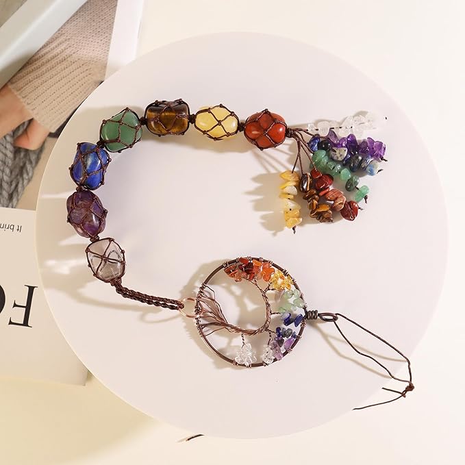 Handmade Crystal Window Car Hanging Ornaments 7 Chakra Home Decoration Feng Shui Ornament Yoga Meditation Car Decoration Tumbled Palm Stones (Style14)
