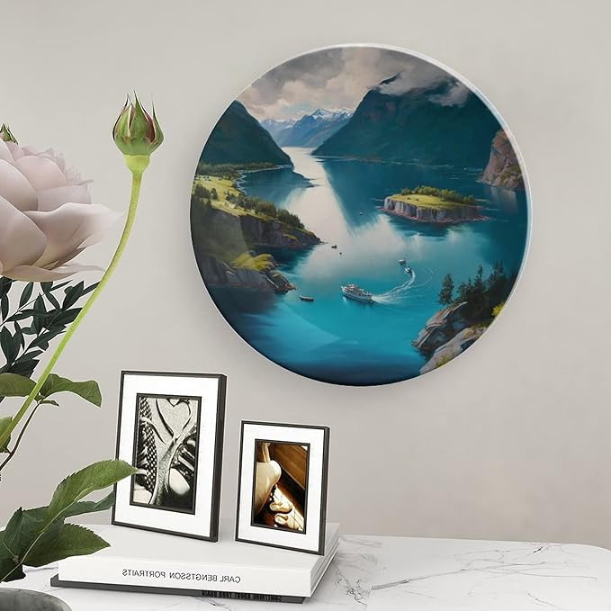 Decorative Plates, Fjords Mountain Lake & Ship Landscape Display Plate for Home Office Kitchen Table Decor Porcelain Plates 8 Inch, Birthday Gifts