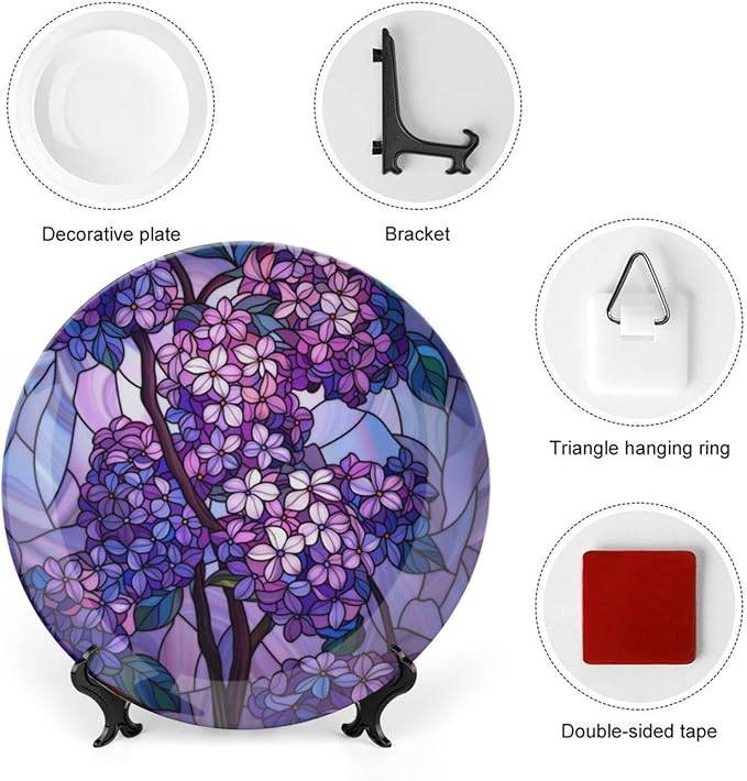 Stained Glass Theme Decorative Ceramic Plate Round Porcelain Plate,10 inch,Lilac Pattern,for Decorative Ornaments Giving Plates, 1 Plate with 1 Display Stand,Purple