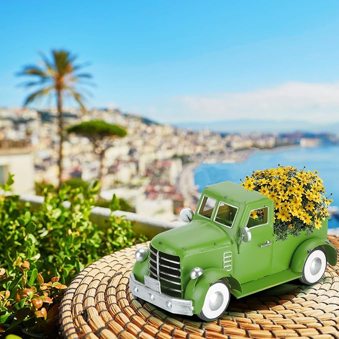 Farmhouse Vintage Green Truck Decor, Rustic Farm Metal Car Home Decors, Christmas Trucks Table Centerpieces, Decorative Outdoor Garden Cars Plant Pot