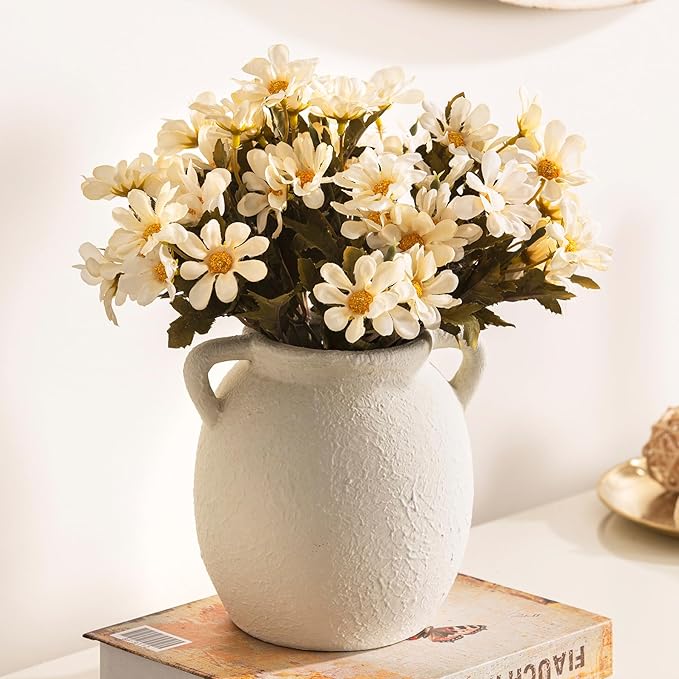 Ceramic Flower Small Vase 6 inch Farmhouse Rustic Vase Decorative Pottery Terracotta Vases for Home Decor Table Mantle Fireplace Living Room Bathroom Wedding Centerpiece