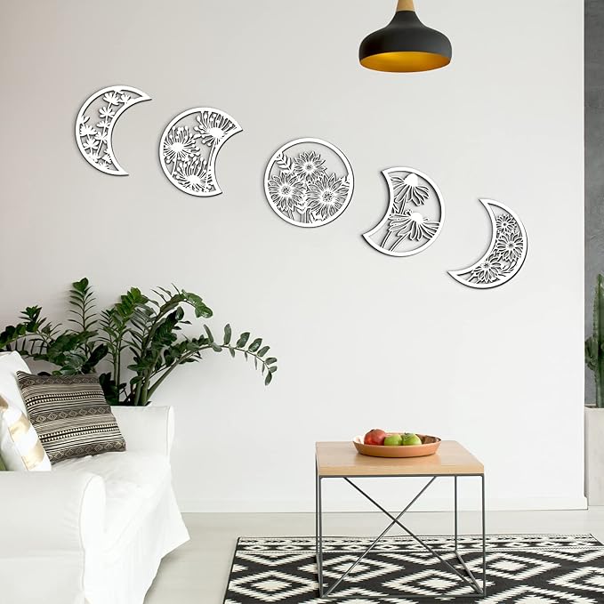 Jetec 5 Pcs Moon Phase Wall Art Decor Wall Pediments Hanging Wooden Phase Spiritual Bedroom Nordic Boho Lunar Aesthetic Art for Living Room Dorm Apartment Ornament(White)