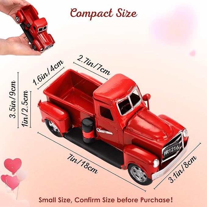 Youeon Farmhouse Red Truck Decor, 7x3.1x3.5 Inch Vintage Metal Pickup Truck Valentine Ornament Gift, Rustic Table Centerpiece, Small Garden Planter Truck Decoration