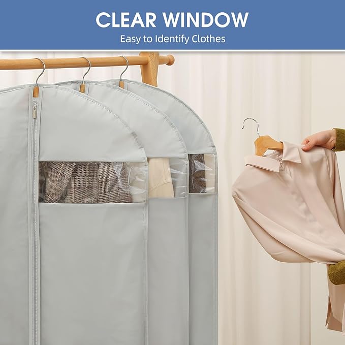 50" Garment Bag, Mens Suit Bags for Closet Storage and Travel, Garment Bags for Hanging Clothes, Foldable Suit Cover Bags with Clear Window for Coats, Jackets, Dresses - Gray/ 5 Packs