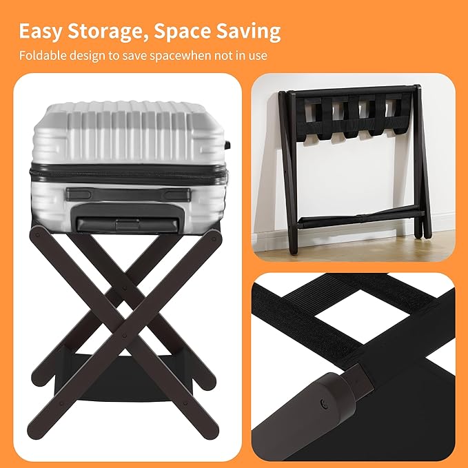 Heybly Luggage Rack, Folding Suitcase Stand with Storage Shelf, Heavy-Duty Luggage Holder for Guest Room Bedroom Hotel, Holds up to 165 lb, Black, HLR010Z1