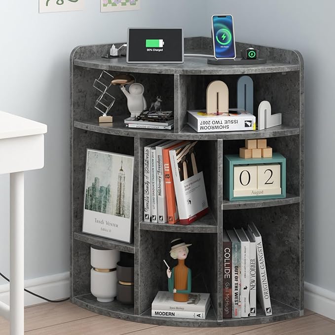 VECELO Corner Cube Shelf with USB Ports & Outlets, Modern Corner Toy Storage Rack with Adjustable Shlef, Wooden Display Bookshelf Bookcase for Living Room, Bedroom, Dining Room, Kitchen, Gray