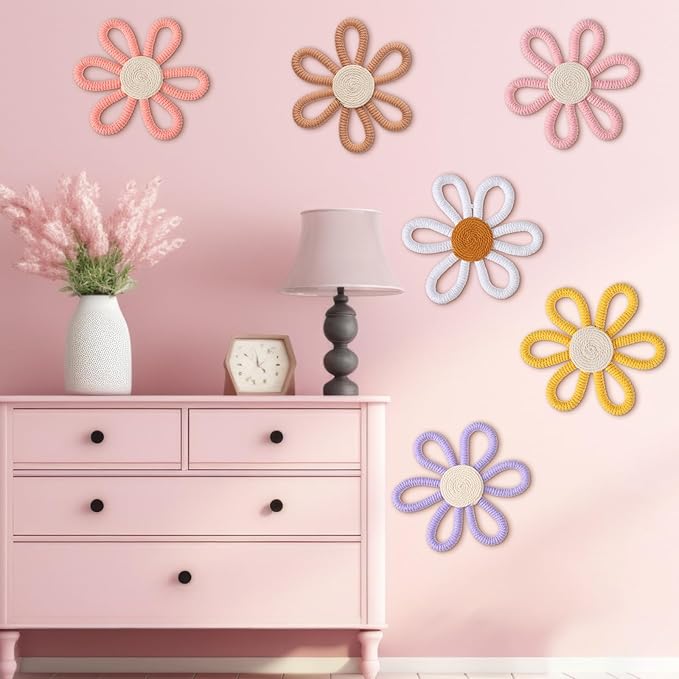 Zeyune 6 Pcs Boho Nursery Daisy Flower Wall Art Decor Woven Macrame Wall Pediments Boho Daisy Floral Nursery Art Decor for Home Bedroom Decorations(Colorful,Yarn and Cotton Rope)