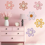 Zeyune 6 Pcs Boho Nursery Daisy Flower Wall Art Decor Woven Macrame Wall Pediments Boho Daisy Floral Nursery Art Decor for Home Bedroom Decorations(Colorful,Yarn and Cotton Rope)