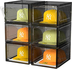Hat Organizer Box, Stackable Clear Baseball Caps Holder Box Containers with Magnetic Door for Hats Snapback Cap Storag, Hat Rack Display Case, Holds 8 Hats Each (Black, 6 Pack)