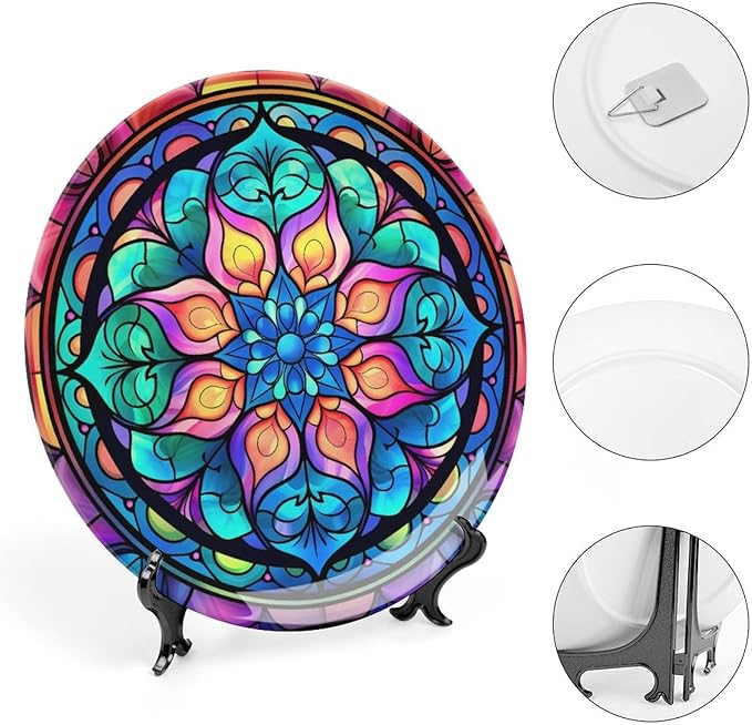 Decorative Plates for Wall Hanging, Abstract Iridescence Floral Stained Glass Design Ceramic Plate w/Display Stand, Home Decor for Kitchen Cabinets, Round Tray 7 Inch, Gift for Family Friends