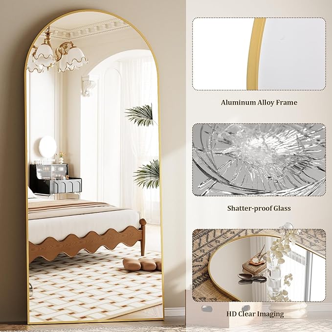 Prywot Full Length Mirror, Oversized 78"x38" Arched-Top Floor Mirror, Free Standing Mirrors, Modern Full Body Mirrors with Aluminum Alloy Frame for Bedroom,Living Room, Gold