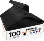 HOUSE DAY Black Plastic Hangers 100 Pack, Plastic Clothes Hangers with Built-in Hooks, Durable and Strong Coat Hangers for Closet, Space Saving Clothing Hanger for Shirts, Coats, Skirt, Dress