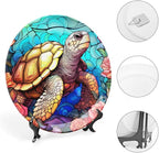 Decorative Plates for Home Decor, Sea Turtle Stained Glass Print Decor Tray for Table Display, Ceramic Dinner Plate W/Stand, Living Room Dining Room Decor, Gifts for Turtle Lovers, 6 Inch