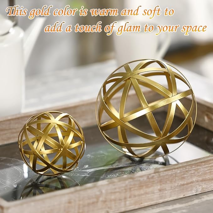 Gold Decorative Sphere, Metal Coffee Table Decor Sculpture, Modern Home Decor Accent for Tabletop, Centerpiece, Shelf Display- Elegant Metal Sphere Decor with Luxury Golden Finish