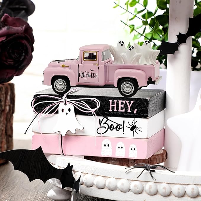 Halloween Decorations - Mini Cute Farmhouse Style Halloween Metal Truck Decor with 3 Removable Mini Ghost Ornaments for Tabletop, Tiered Tray, Shelf, Fireplace and Home Indoor Décor(Halloween-Pink)