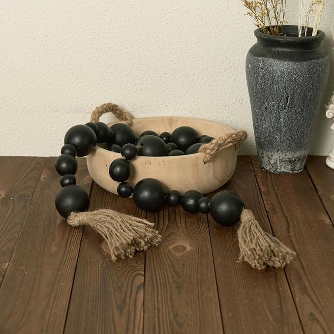 2" Extra Large Wood Bead Garland with Tassels, 60" Long Rustic Farmhouse Wooden Beads Garland, Decorative Beads Boho Decorations for Home Table Mantle Black