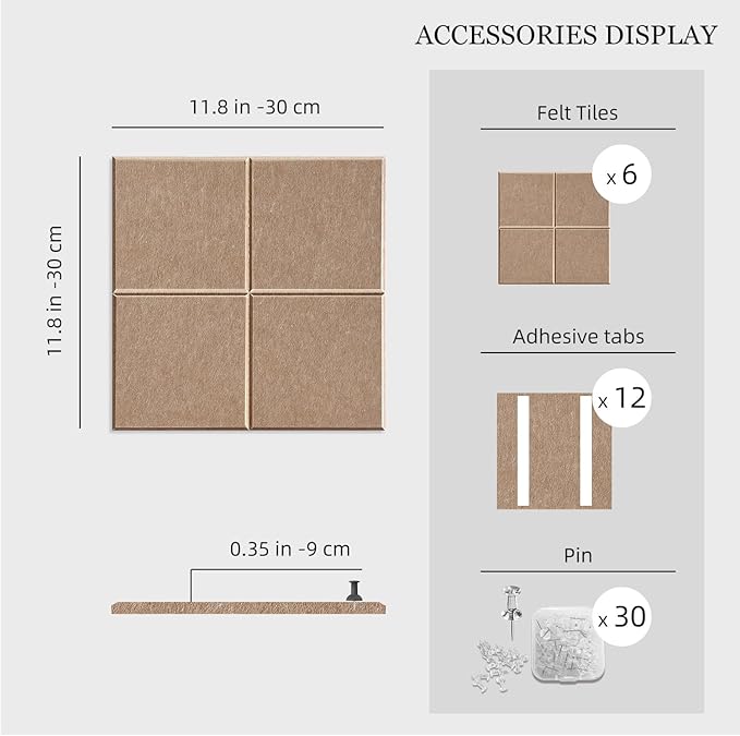 Large Felt Cork Board Alternative - 36" x 24" Bulletin Board with 30 Pushpins, 6 Pack Adhesive Cork Board, Sound Absorbing Fabric Wall Tiles, for Office Home Music Class, Dark Camel