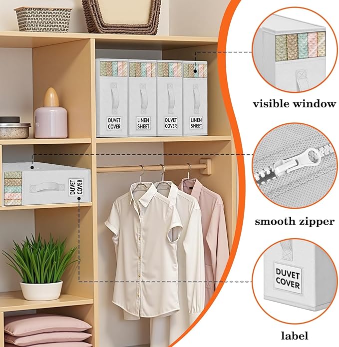 WOWBOX Sheet Organizers and Storage,Closet Bed Sheet Organizer Under Bed Storage and Organization with Label Cards & Clear Window for Bedding Sheets,Duvet Covers,Blankets (6 Pack，White)