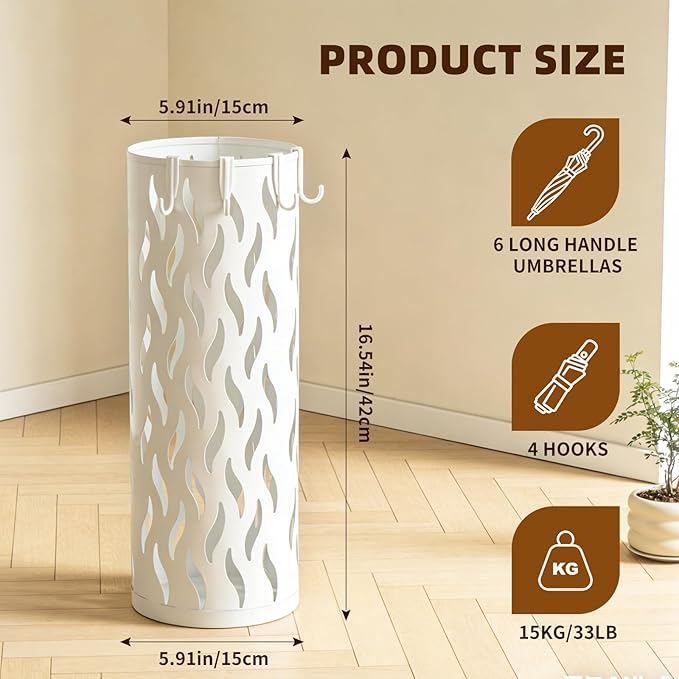 Umbrella Holder, Metal Umbrella Stand for Entryway, Umbrella Storage Rack with 4 Hooks Decor, Home, Office,5.8 × 5.8 × 16.4 (White)
